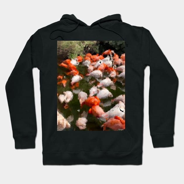 Bunch of Flamingos in a lake oil painting Hoodie by DigitPaint